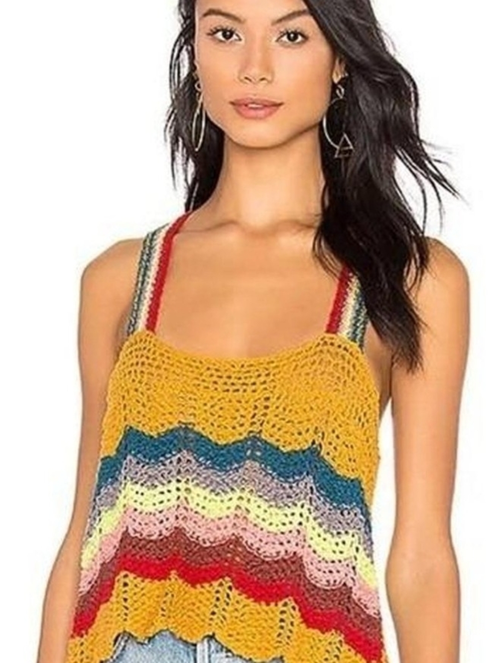 Free People Winding Road Crochet Rainbow Intarsia Open Back Tank